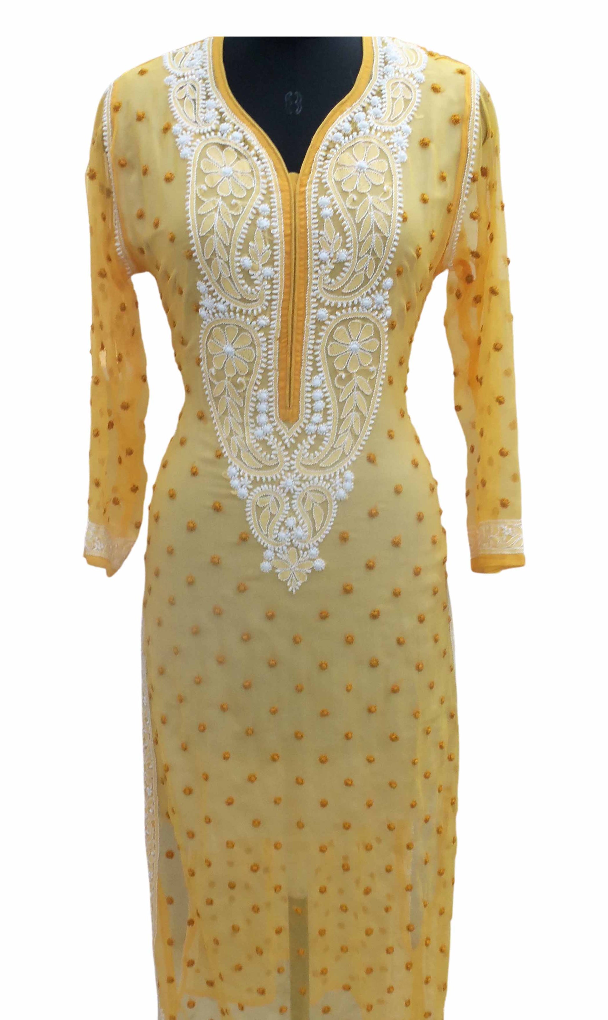 Buy Hand Embroidered Yellow Lucknowi Chikan Kurti-(Georgette)-GA250649 |  www.maanacreation.com